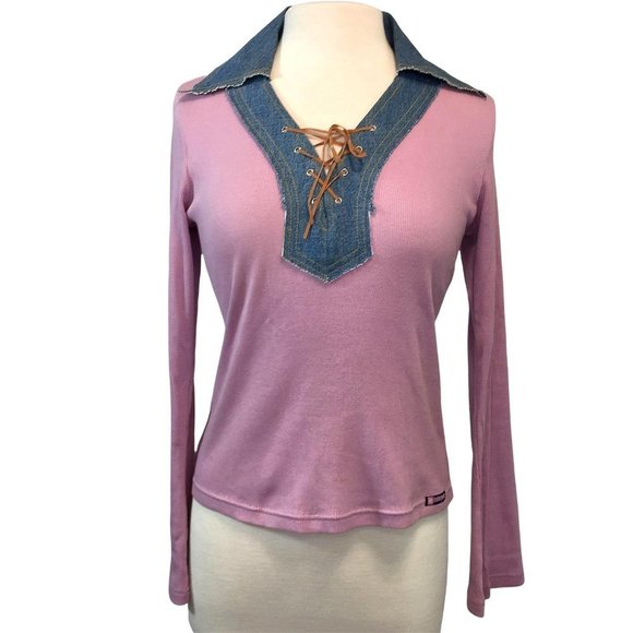 Bubblegum Tops - Vintage 1980’s Bubblegum Pullover Top L Womens Denim Collar and Lace-Up Inset Bo